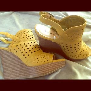 Mustard yellow wedge with ankle strap